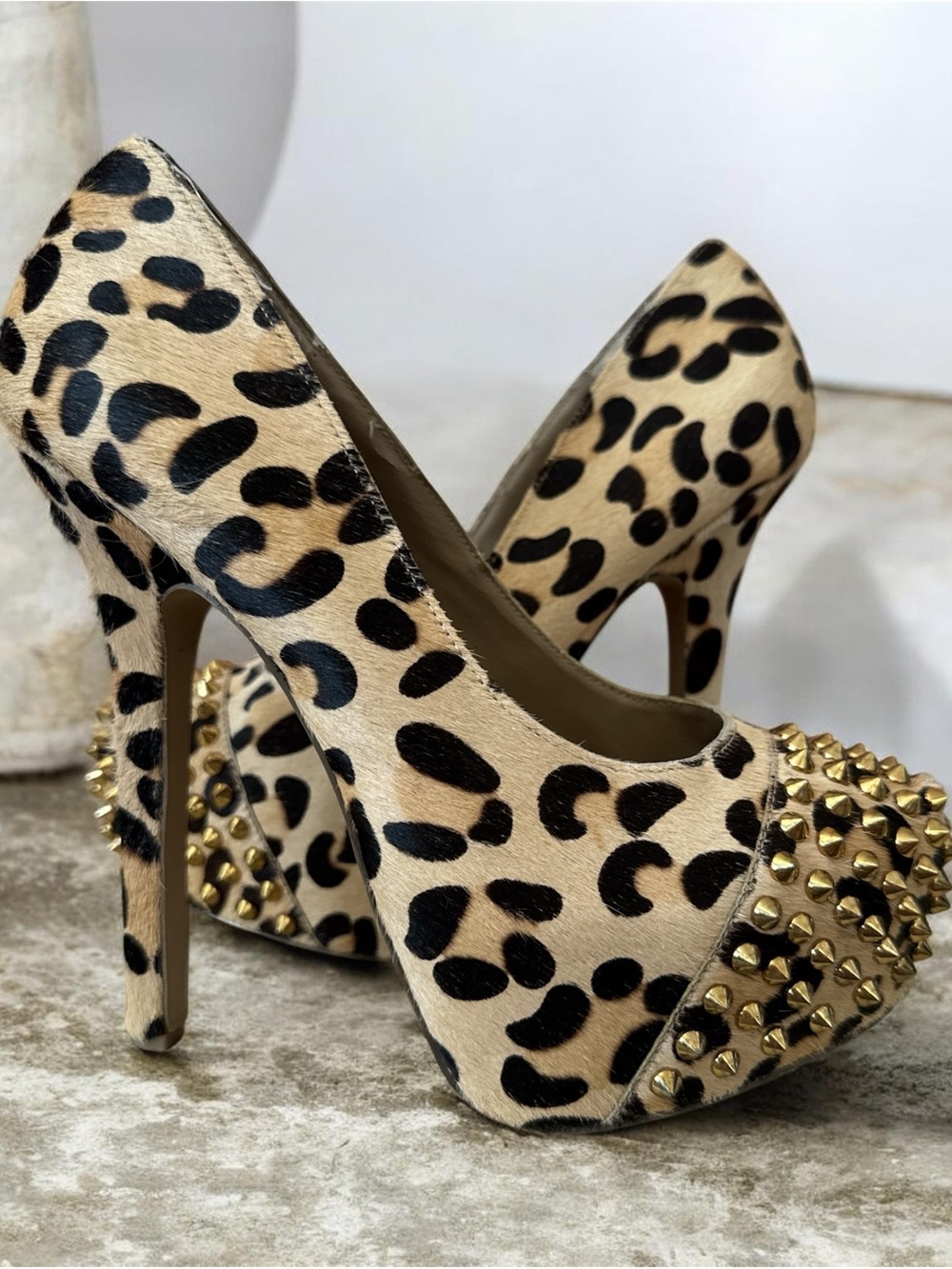 Steve Madden Cow Hair Leopard print 6” Heels with Gold Spikes